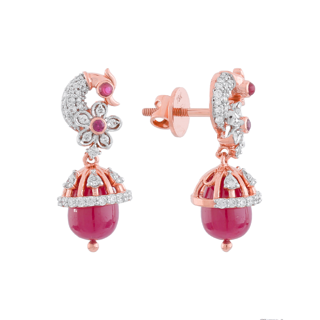 Ruby Drop Jhumka Earrings with Diamond Accents in Rose Gold Finish