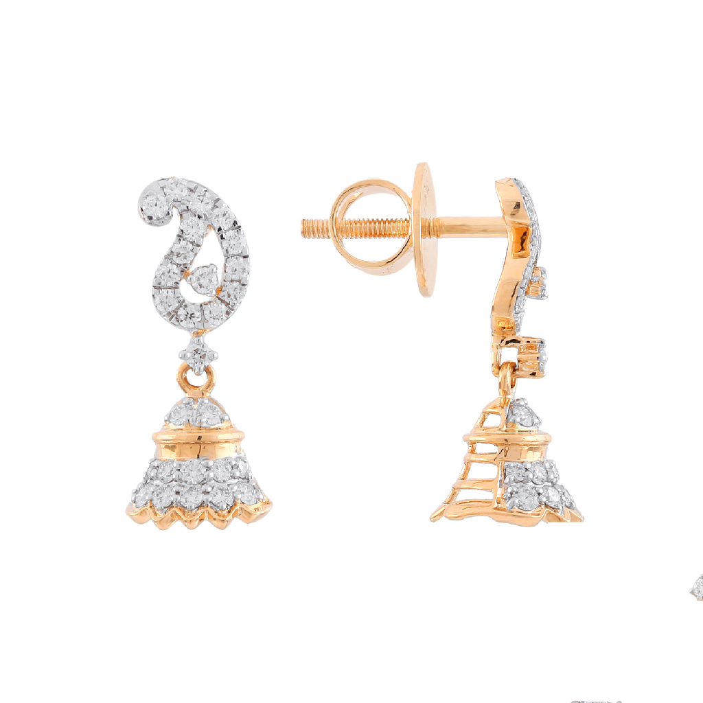 Paisley Motif Diamond Jhumka Earrings in Rose Gold Finish