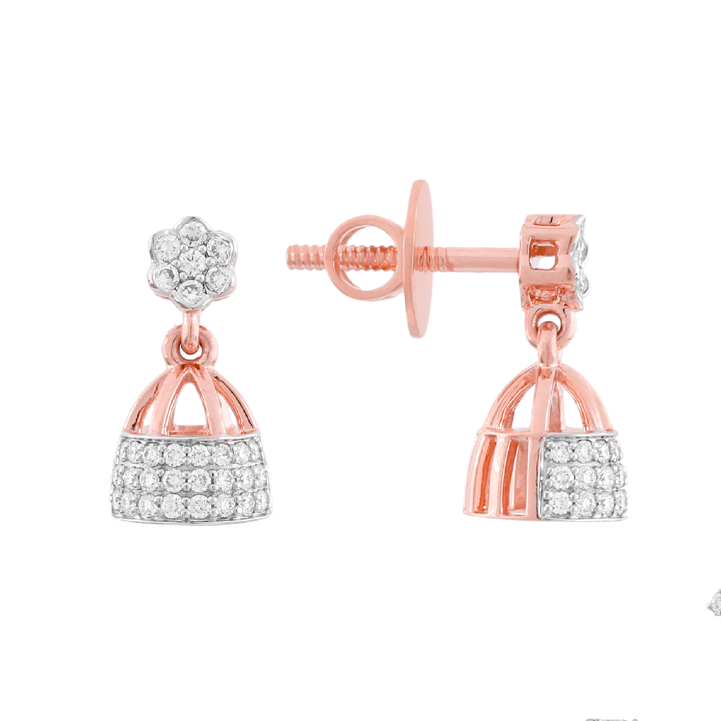 Rose Gold Diamond Jhumka Earrings with Floral Stud