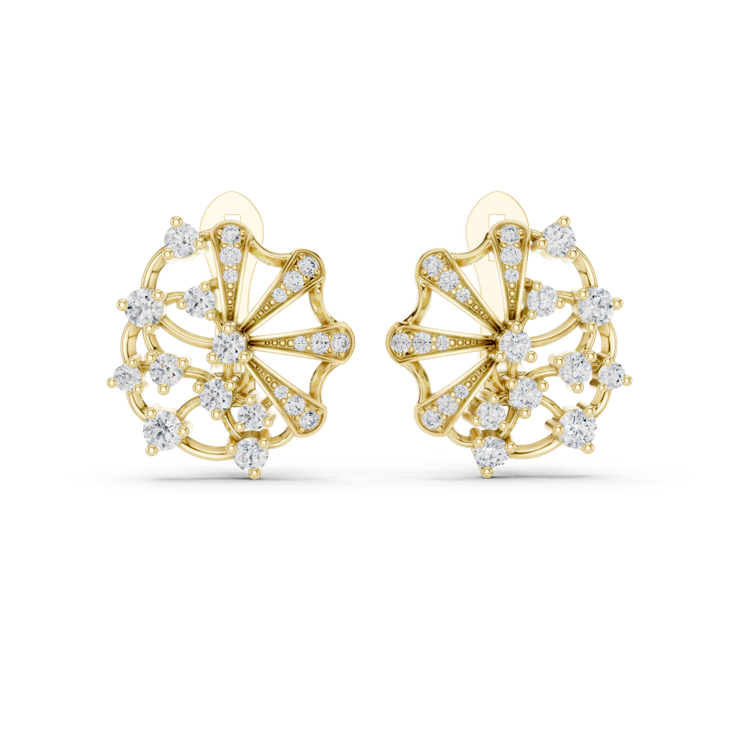 Diamond Radiant Fan Motif Gold Stud Earrings