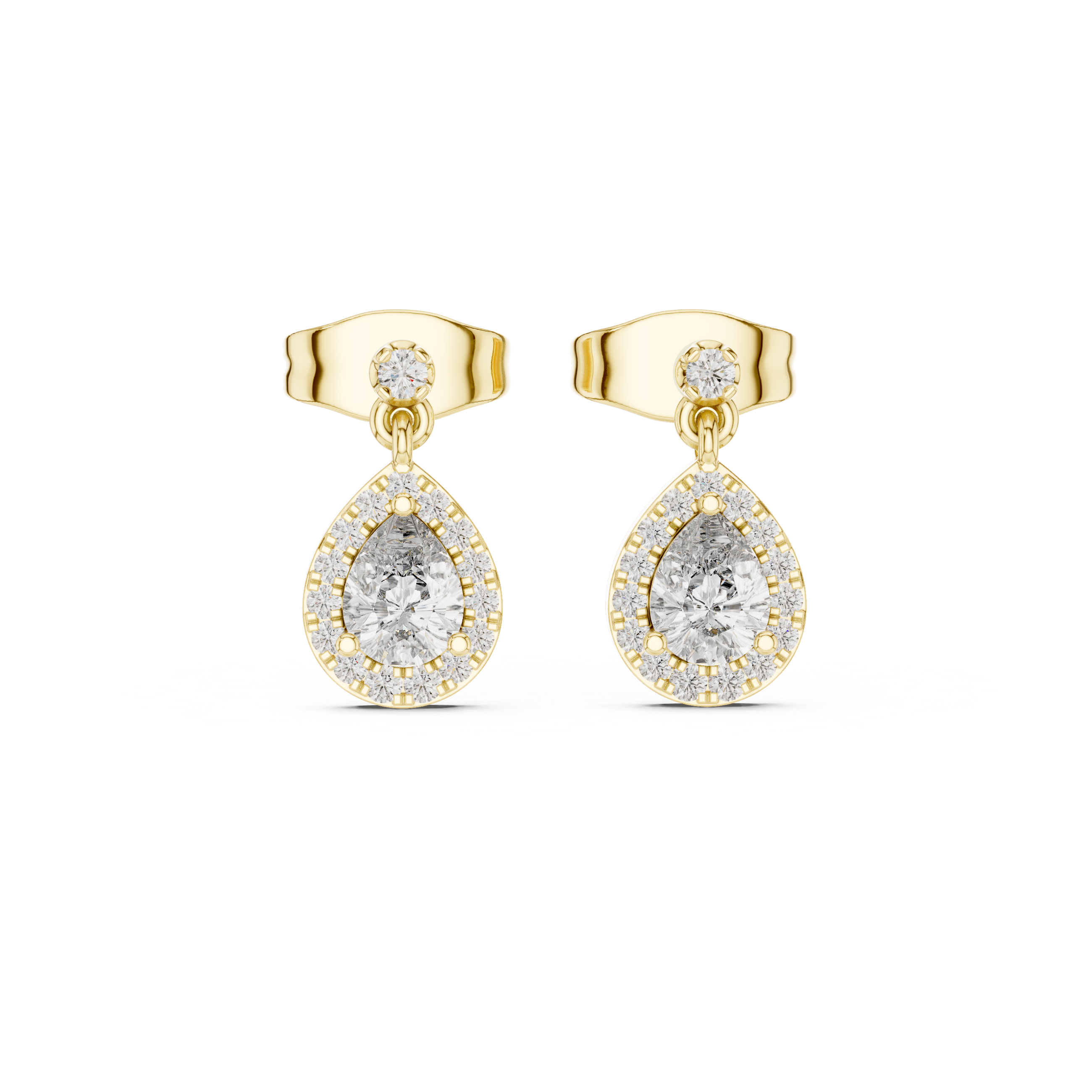 Pear-Shaped Diamond Halo Drop Earrings in Yellow Gold