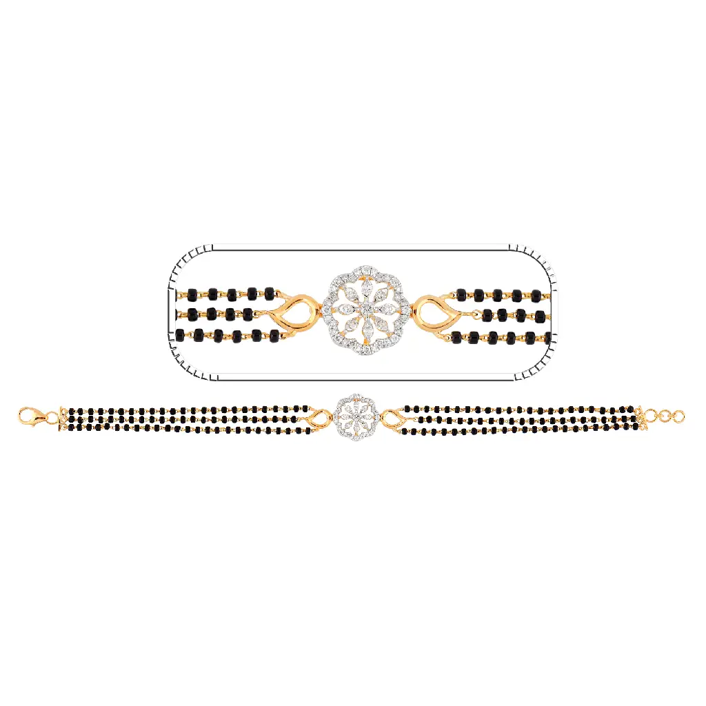Floral Diamond Mangalsutra Bracelet with Triple Black Beads in Gold