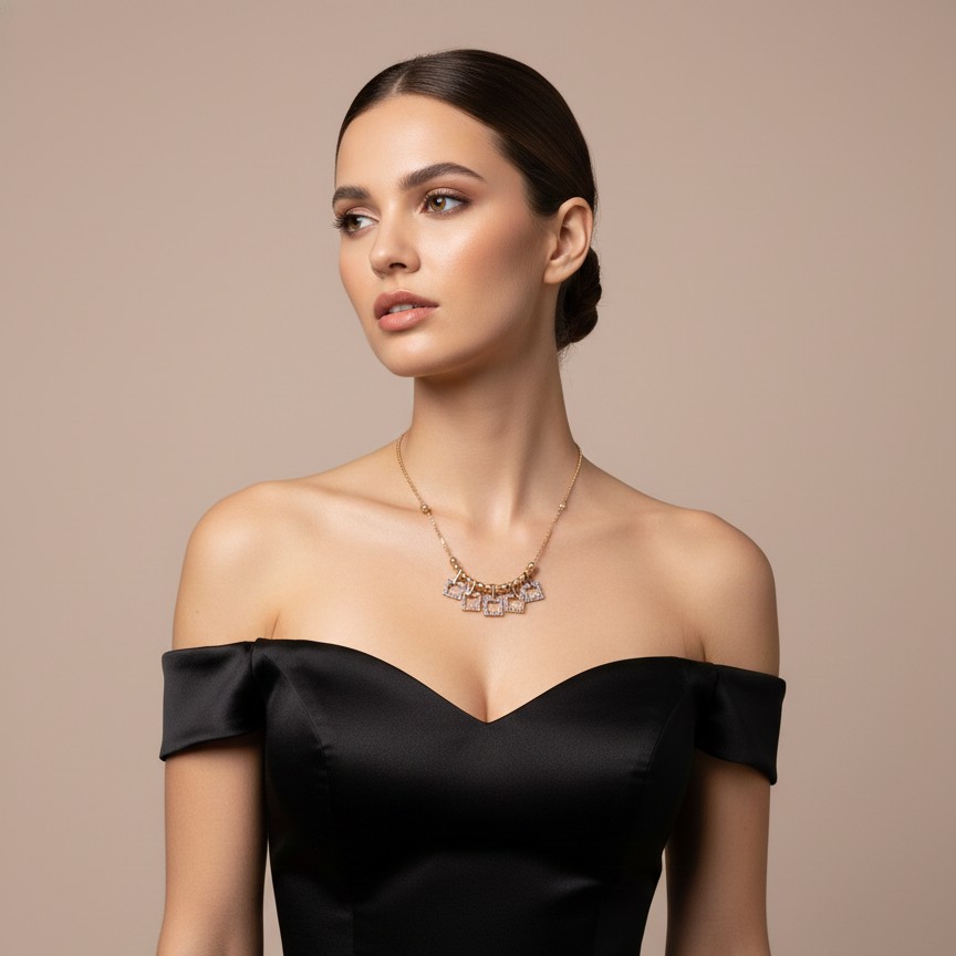 Elegant Gold Necklace with Crystal-Studded Square Charms