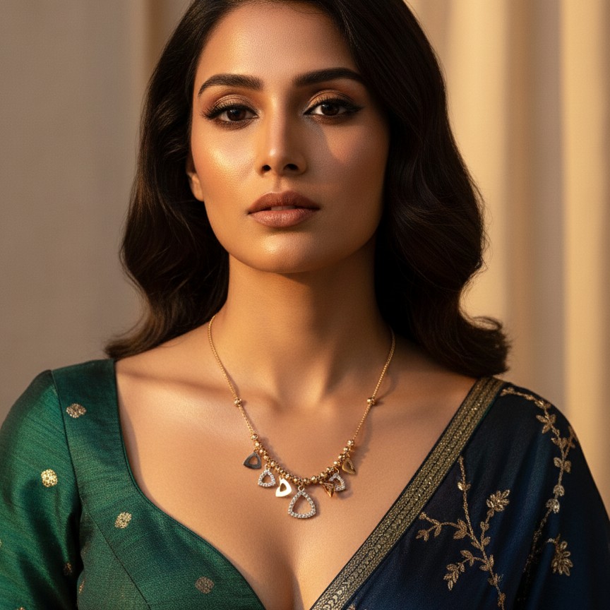 Geometric Triangle Charm Necklace in Gold with Black Enamel Accents