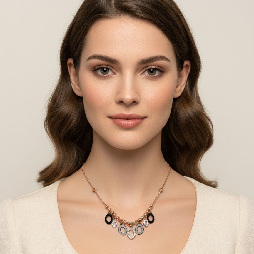 Modern Multi-Ring Charm Necklace with Crystal Accents