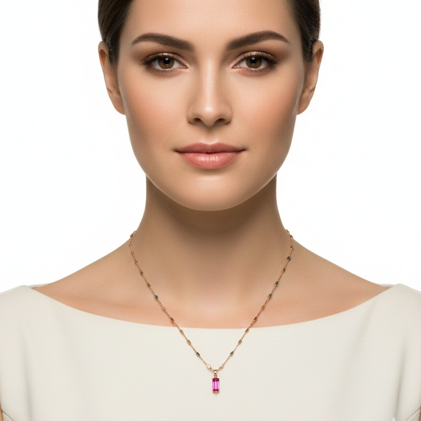Rose Gold Pink Baguette Pendant Necklace with Dual-Tone Beaded Chain