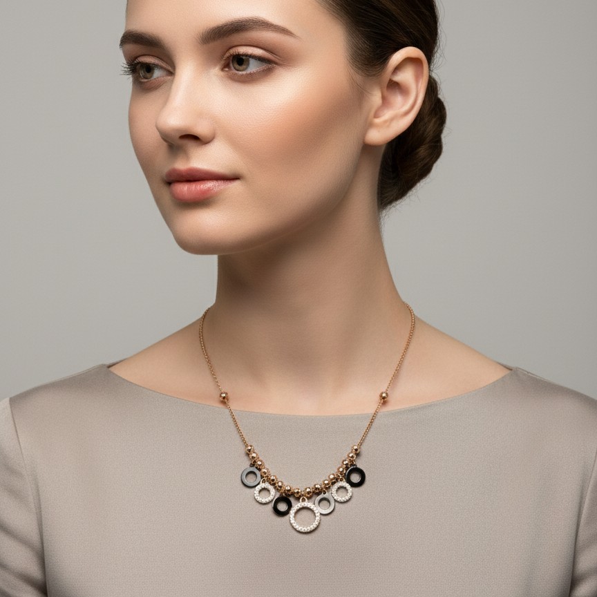 Rose Gold Oval &amp;amp; Marquise Charm Necklace with Black Enamel Accents