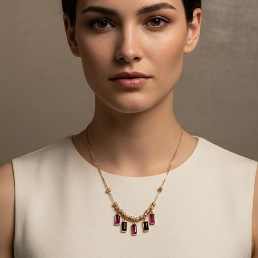 Rose Gold Tri-Stone Baguette Charm Necklace (Pink &amp;amp; Green Combination)