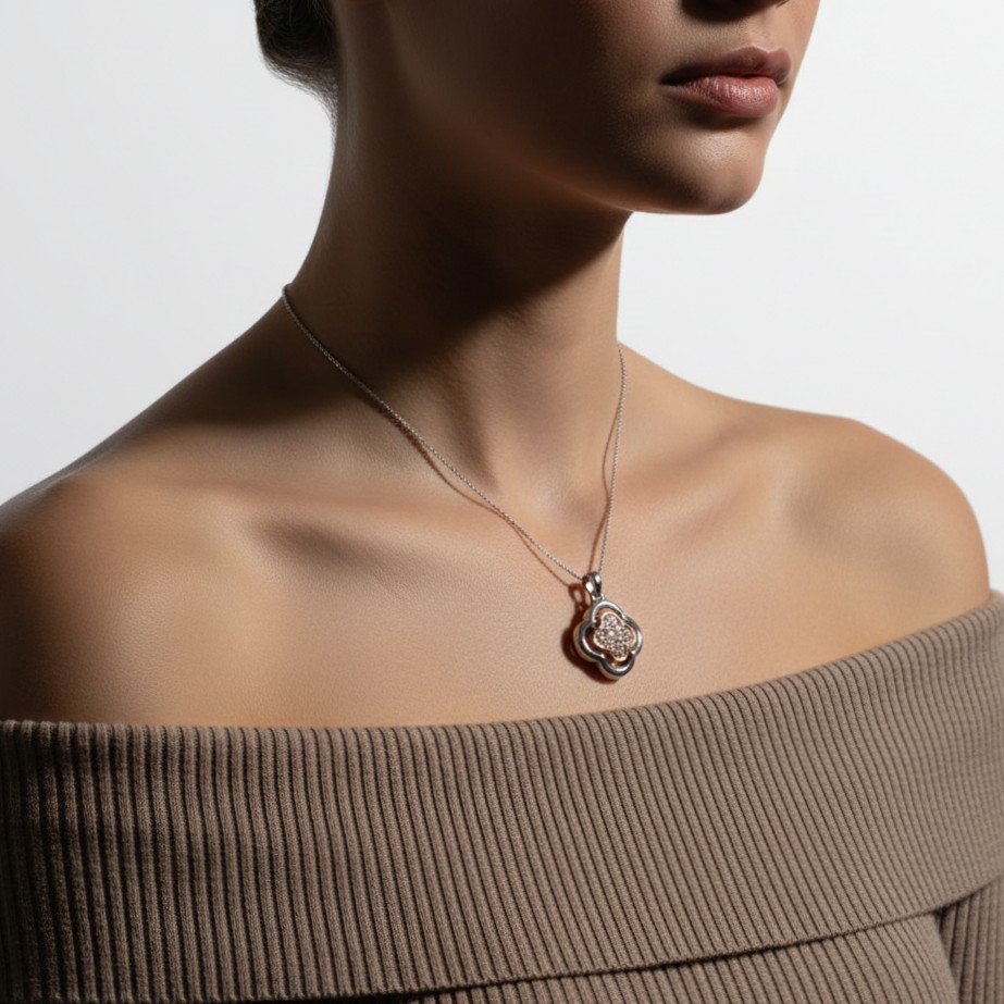 Dual-Tone Floral Diamond Pendant with Rose-Gold Bloom Center